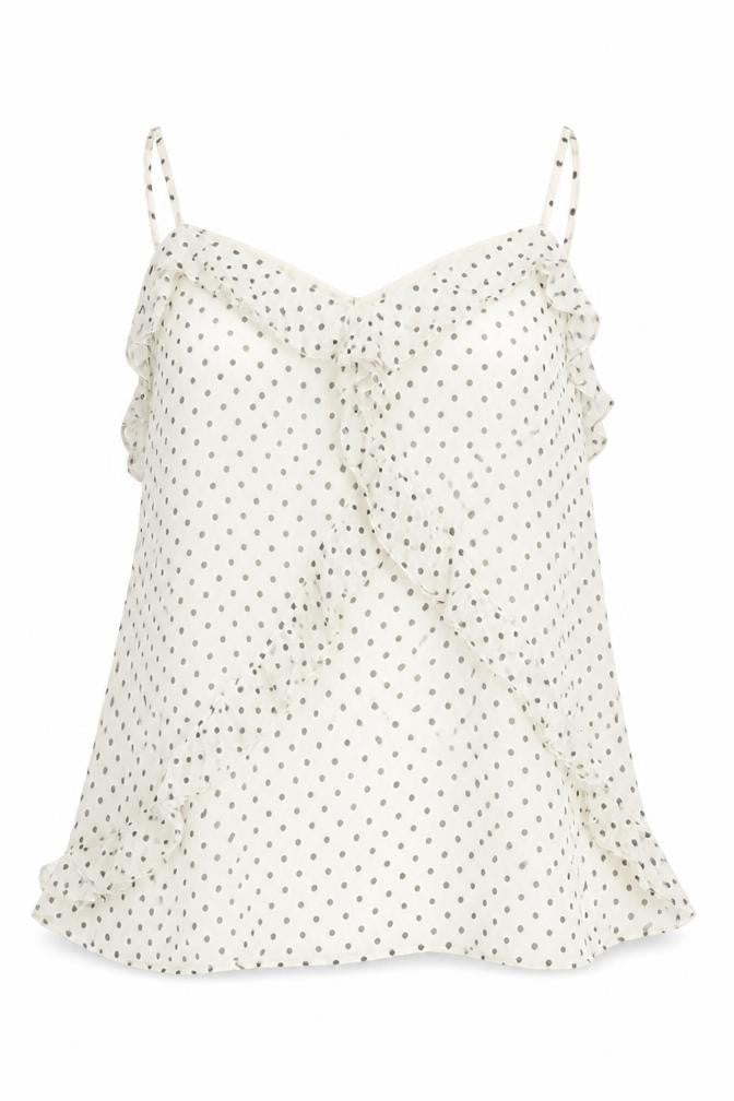 Front view of Marks & Spencer women’s ivory polka dot ruffle camisole blouse, size UK 24