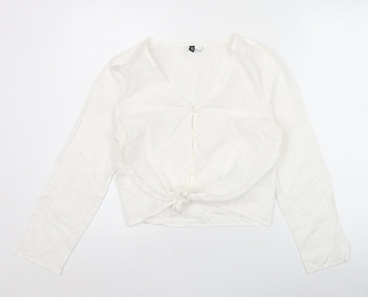 H&M Divided Women’s White Cotton Cropped Blouse UK 10 Long Sleeve