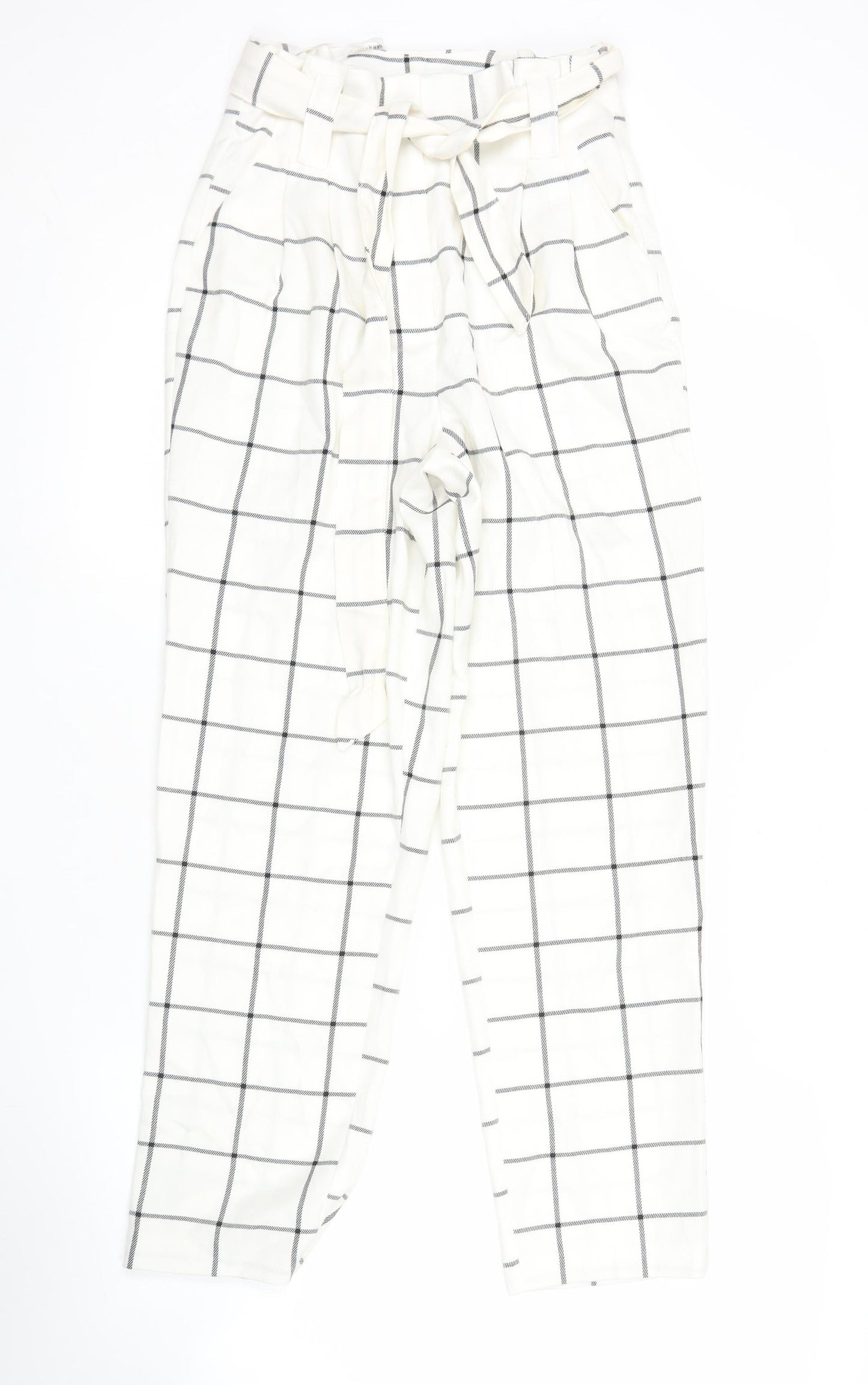 Primark Womens White Check Pleated Tapered Trousers Size 6