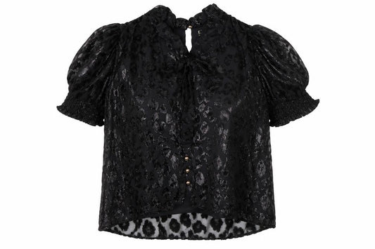 Front view of Alice + Olivia women’s black animal print blouse puff sleeve, size S
