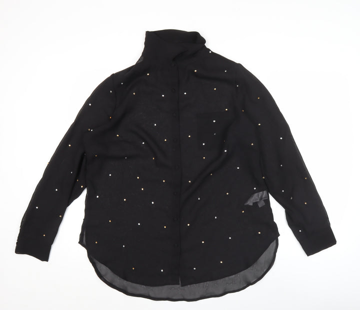 So Fabulous Women Black Sequin Long Sleeve Blouse UK 16 High Neck