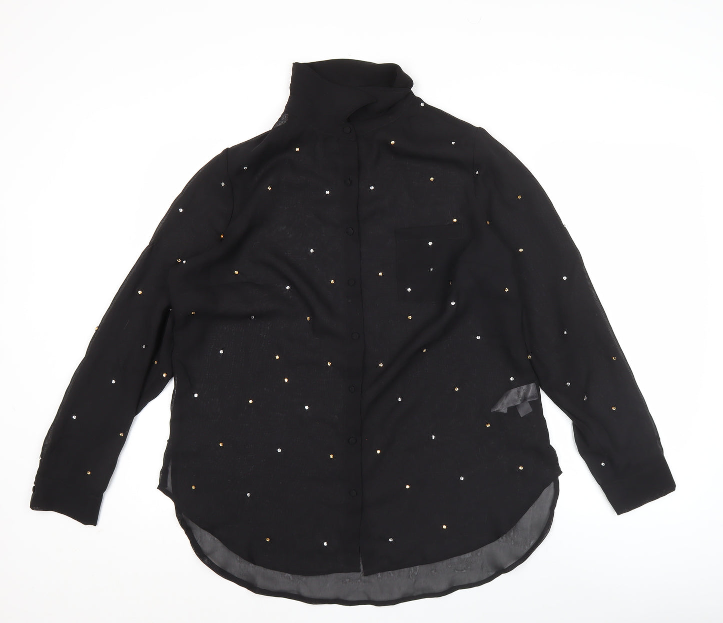So Fabulous Women Black Sequin Long Sleeve Blouse UK 16 High Neck