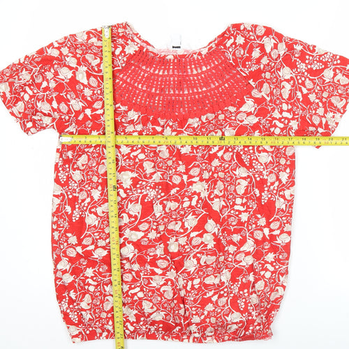 Next Womens Red Floral Cotton Tunic Blouse Size 10 Short Sleeve