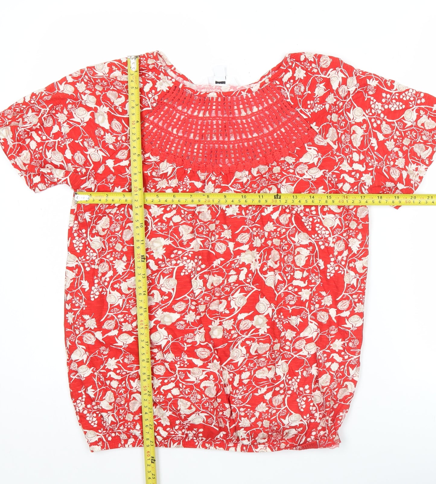 Next Womens Red Floral Cotton Tunic Blouse Size 10 Short Sleeve