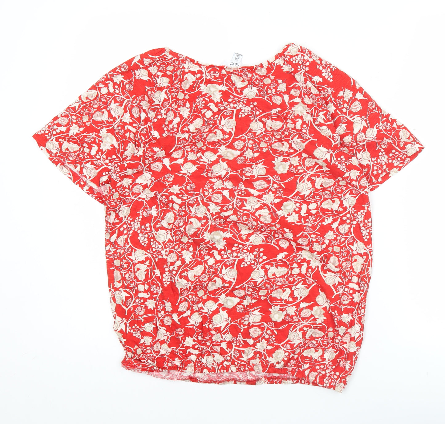 Next Womens Red Floral Cotton Tunic Blouse Size 10 Short Sleeve