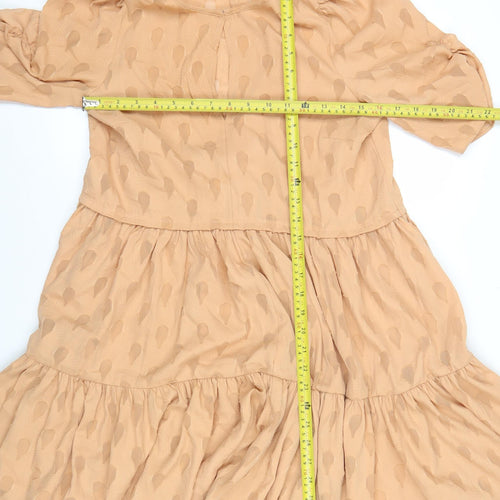 H&M Women Beige Short Puff Sleeve A-Line Dress Size 10