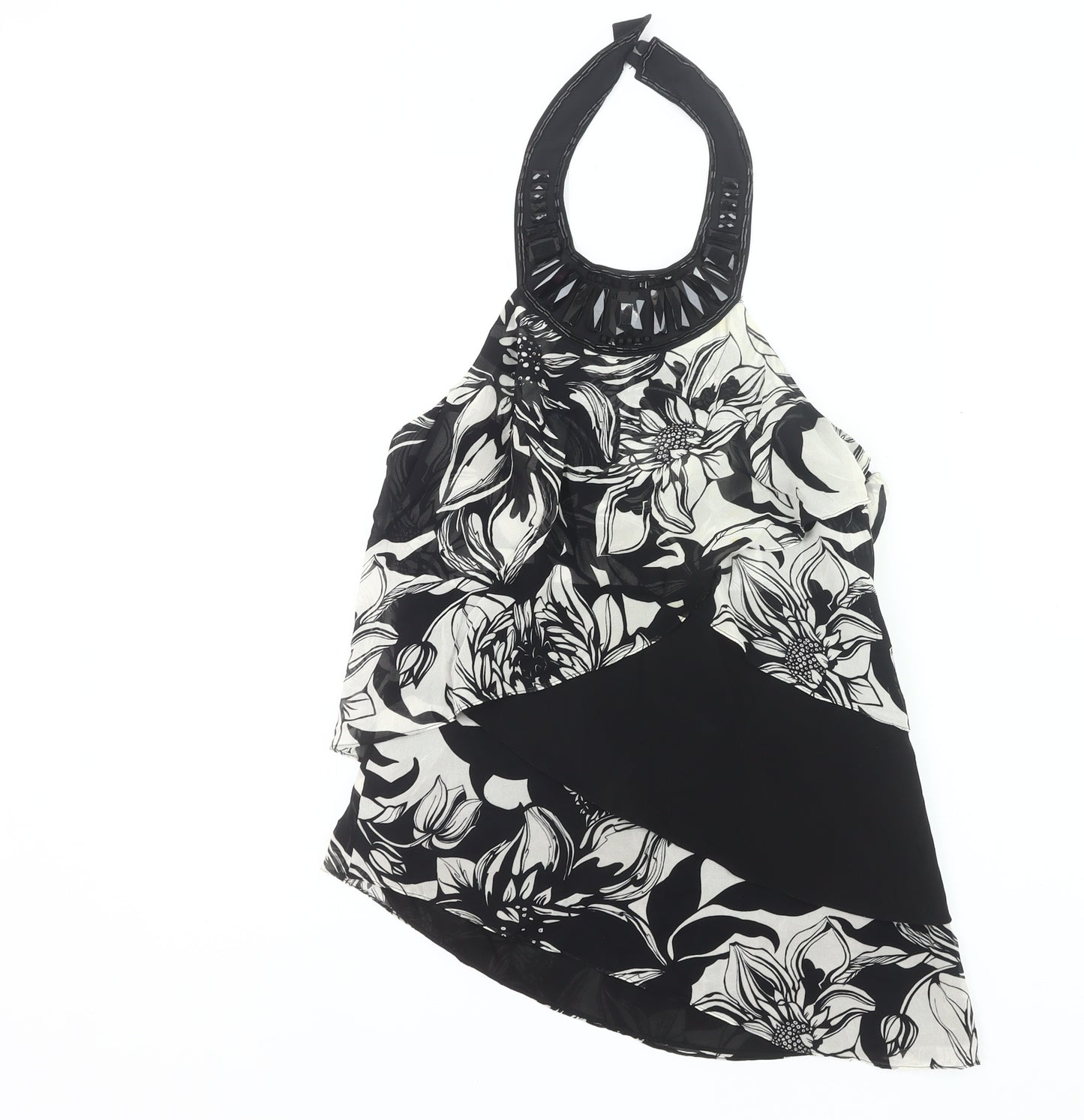 Karen Millen Womens Black Floral Halter Silk Top Size 10 Party Tank
