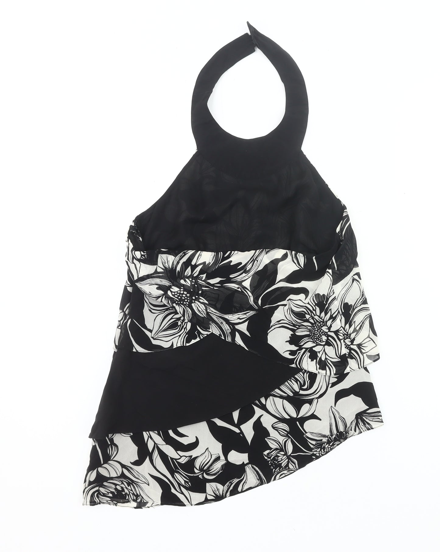 Karen Millen Womens Black Floral Halter Silk Top Size 10 Party Tank