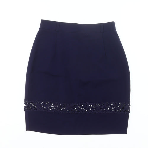 Wallis Women’s Blue Size 12 Pencil Skirt Knee Length Embroidered Workwear