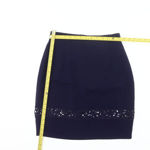 Wallis Women’s Blue Size 12 Pencil Skirt Knee Length Embroidered Workwear