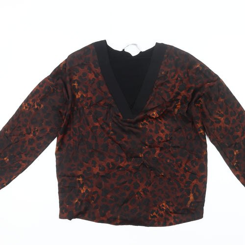 Mango Women’s Brown Leopard Print V-Neck Long Sleeve Blouse Size 8