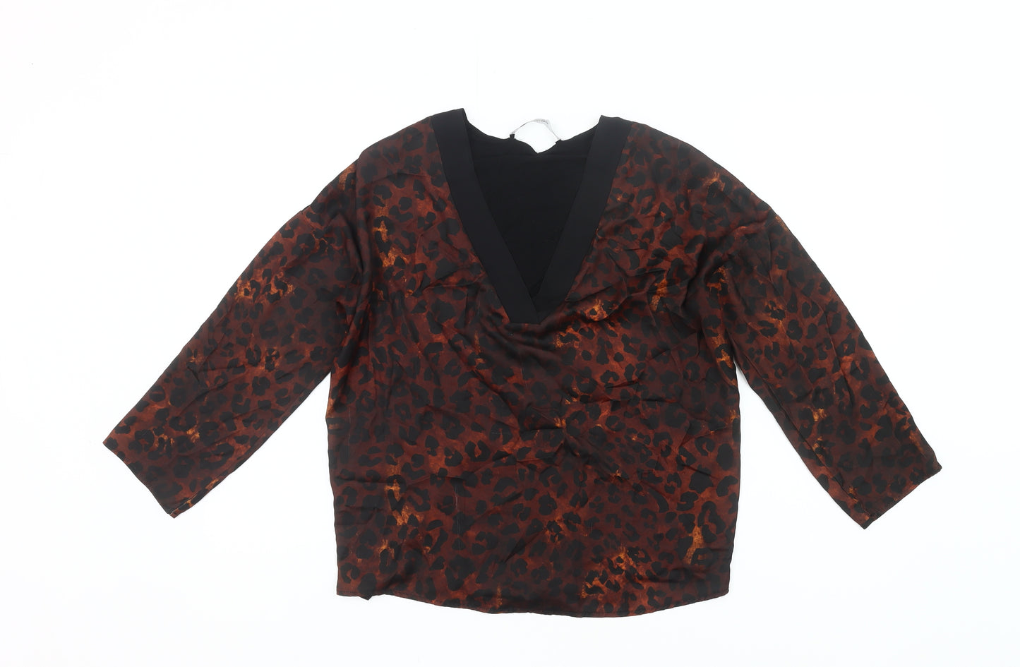 Mango Women’s Brown Leopard Print V-Neck Long Sleeve Blouse Size 8