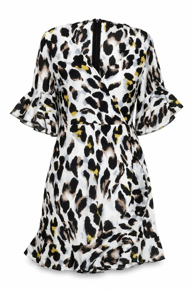 Front view of AX Paris Women’s Multicoloured Leopard Print Wrap Dress, size UK 10