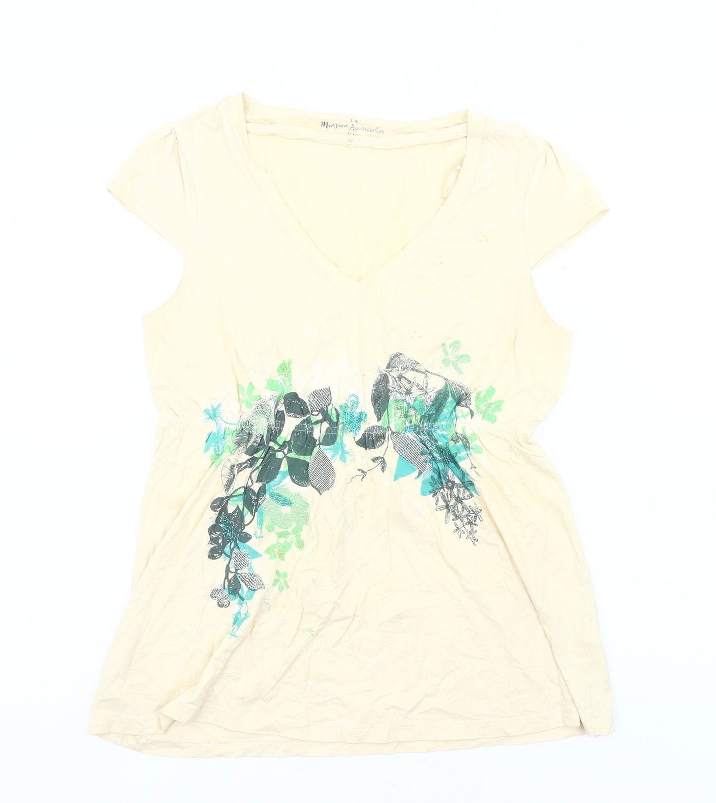 Monsoon Women’s Beige Floral Tunic T-Shirt UK 12 V-Neck Cotton