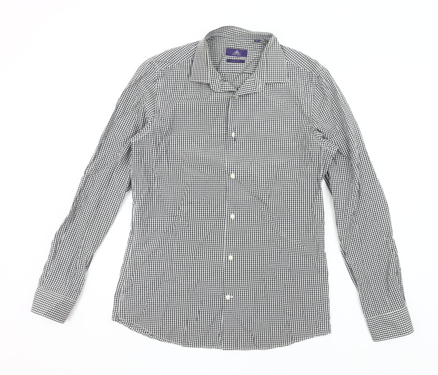 Next Mens Slim Fit Black Check Long Sleeve Button-Up Shirt Size 15.5
