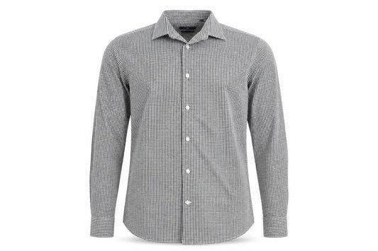 Front view of Next men’s slim fit black check long sleeve button-up shirt, size 15.5