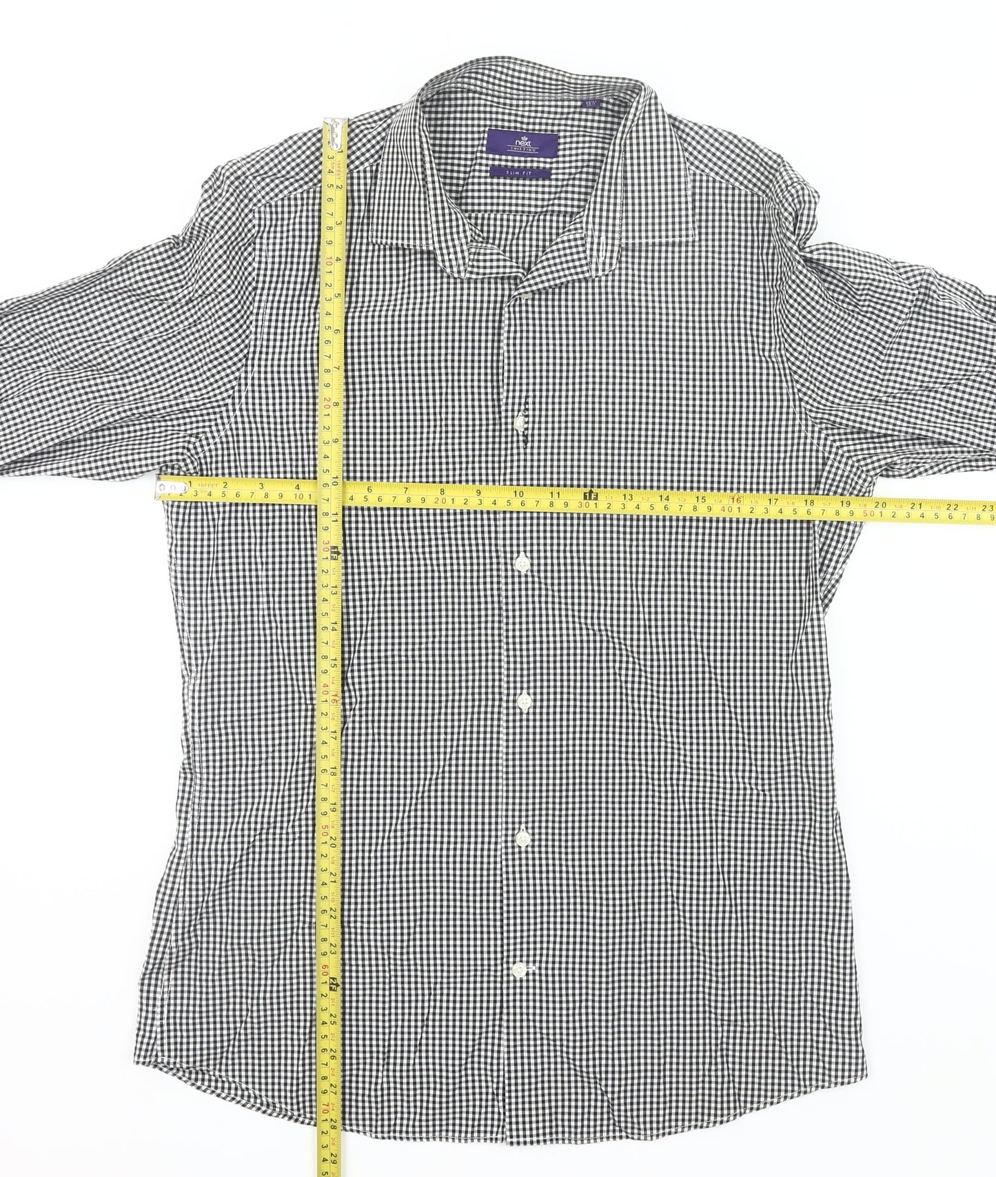 Next Mens Slim Fit Black Check Long Sleeve Button-Up Shirt Size 15.5