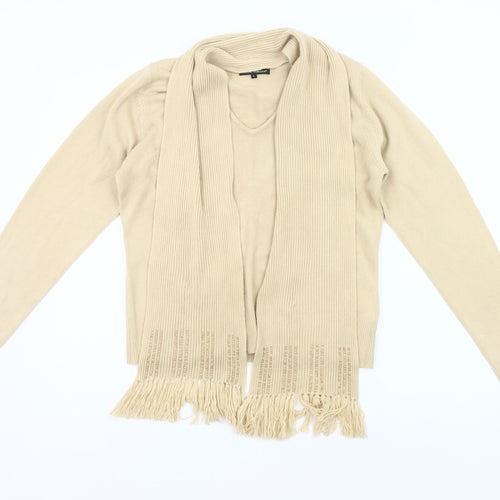 Debbie Morgan Womens Beige L Cardigan V-Neck Knit Fringe Detail