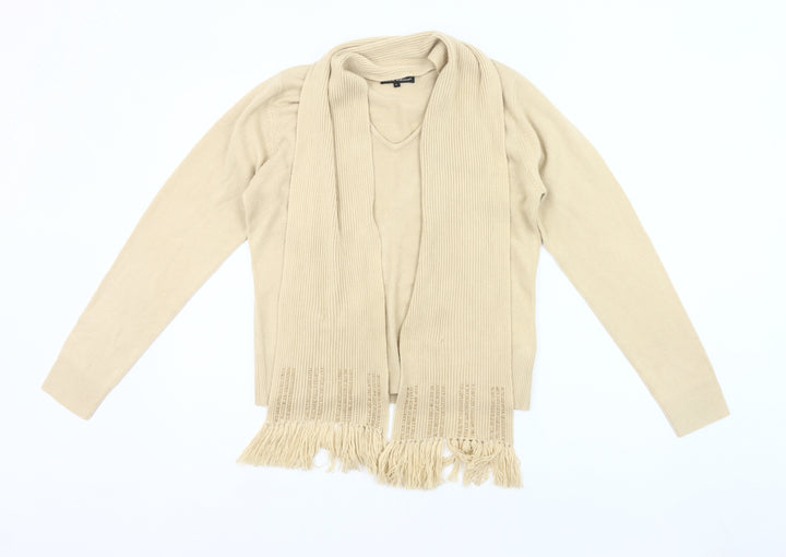 Debbie Morgan Womens Beige L Cardigan V-Neck Knit Fringe Detail