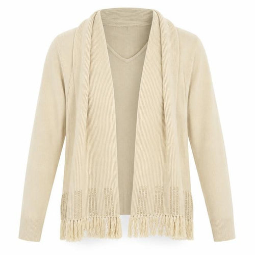 Debbie Morgan Womens Beige L Cardigan V-Neck Knit Fringe Detail
