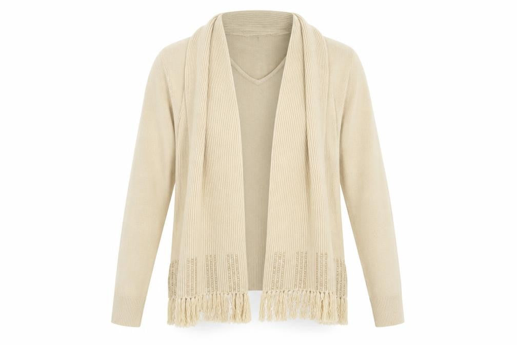 Debbie Morgan Womens Beige L Cardigan V-Neck Knit Fringe Detail
