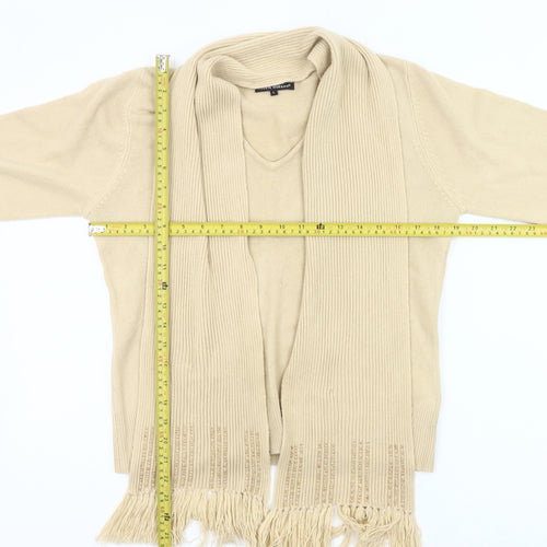 Debbie Morgan Womens Beige L Cardigan V-Neck Knit Fringe Detail