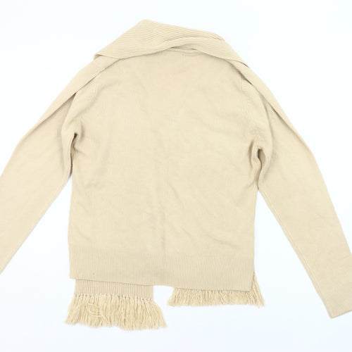 Debbie Morgan Womens Beige L Cardigan V-Neck Knit Fringe Detail