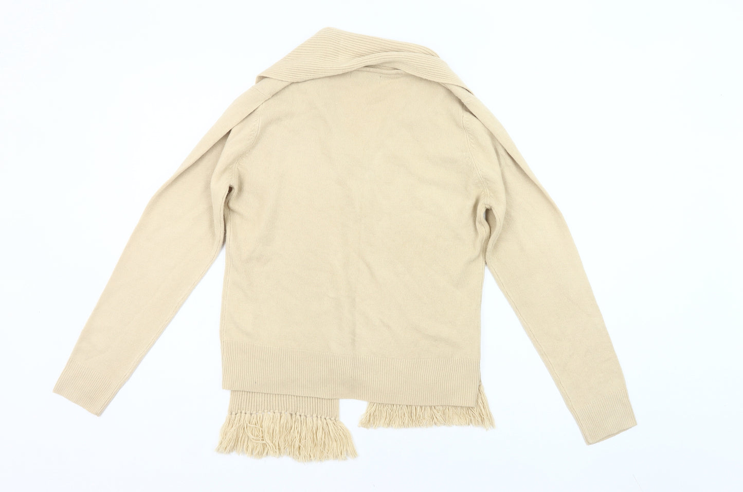 Debbie Morgan Womens Beige L Cardigan V-Neck Knit Fringe Detail