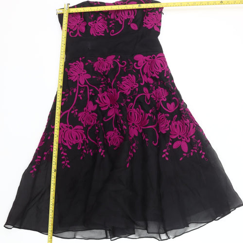 Coast Women’s Black Pink Floral Strapless Silk Dress Size 12