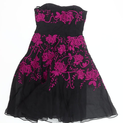 Coast Women’s Black Pink Floral Strapless Silk Dress Size 12