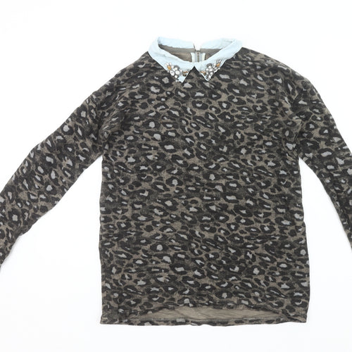 Next Womens Brown Leopard Print Collared Tunic Blouse Size 8