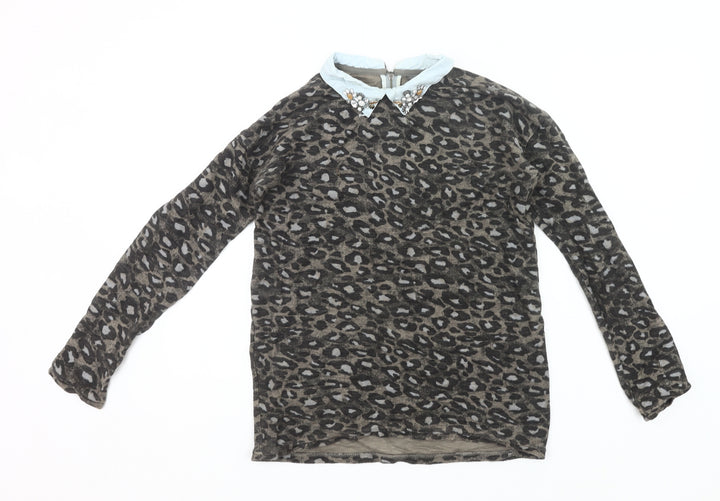 Next Womens Brown Leopard Print Collared Tunic Blouse Size 8