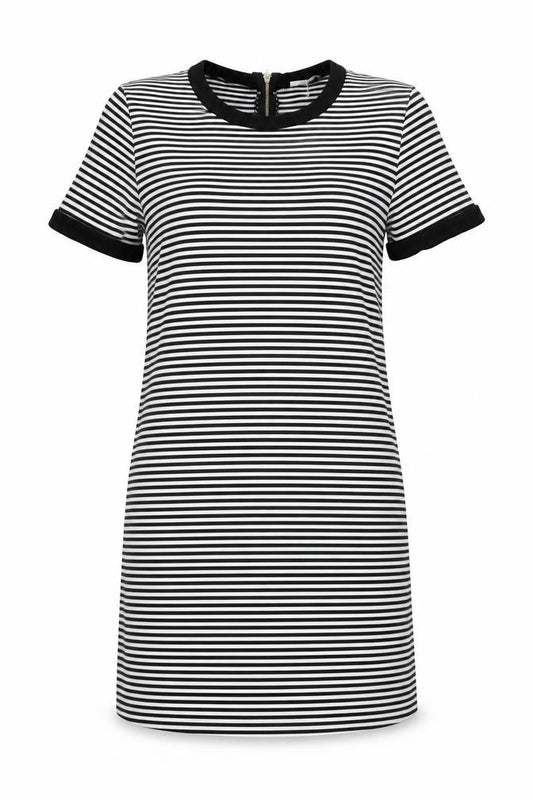 Front view of George Women’s Black White Striped Shift Dress, size UK 14, Short Sleeve Work Casual