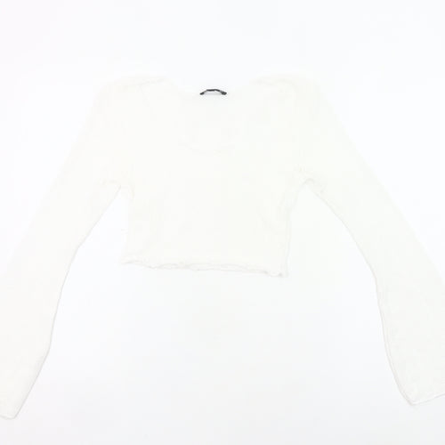 PrettyLittleThing Women White Size 8 Cropped Knit Long Sleeve Top