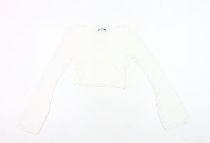 PrettyLittleThing Women White Size 8 Cropped Knit Long Sleeve Top