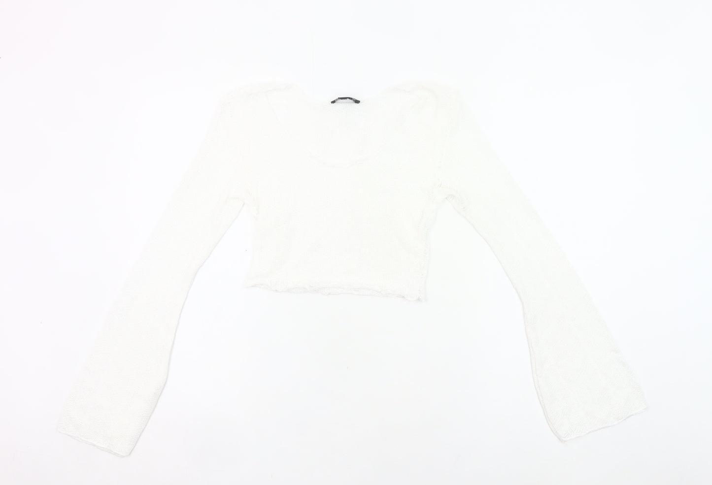 PrettyLittleThing Women White Size 8 Cropped Knit Long Sleeve Top