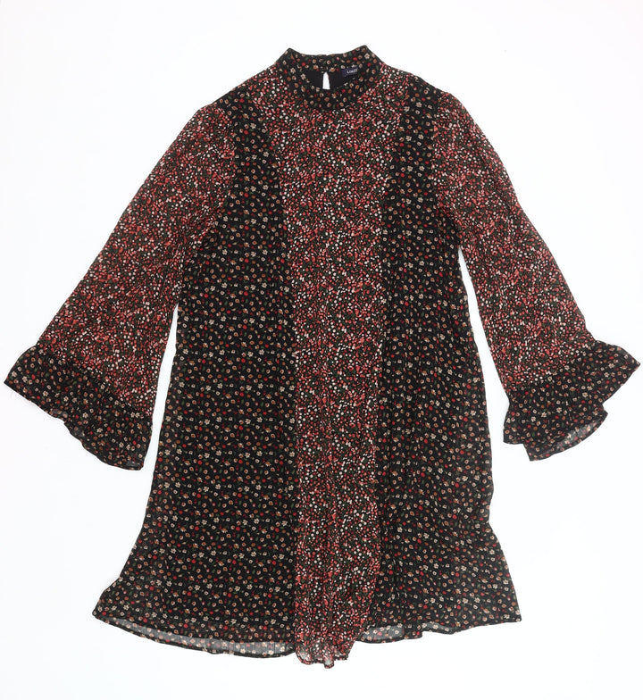 Marks and Spencer Womens Black Red Floral Shift Dress Size 14 Long Sleeve