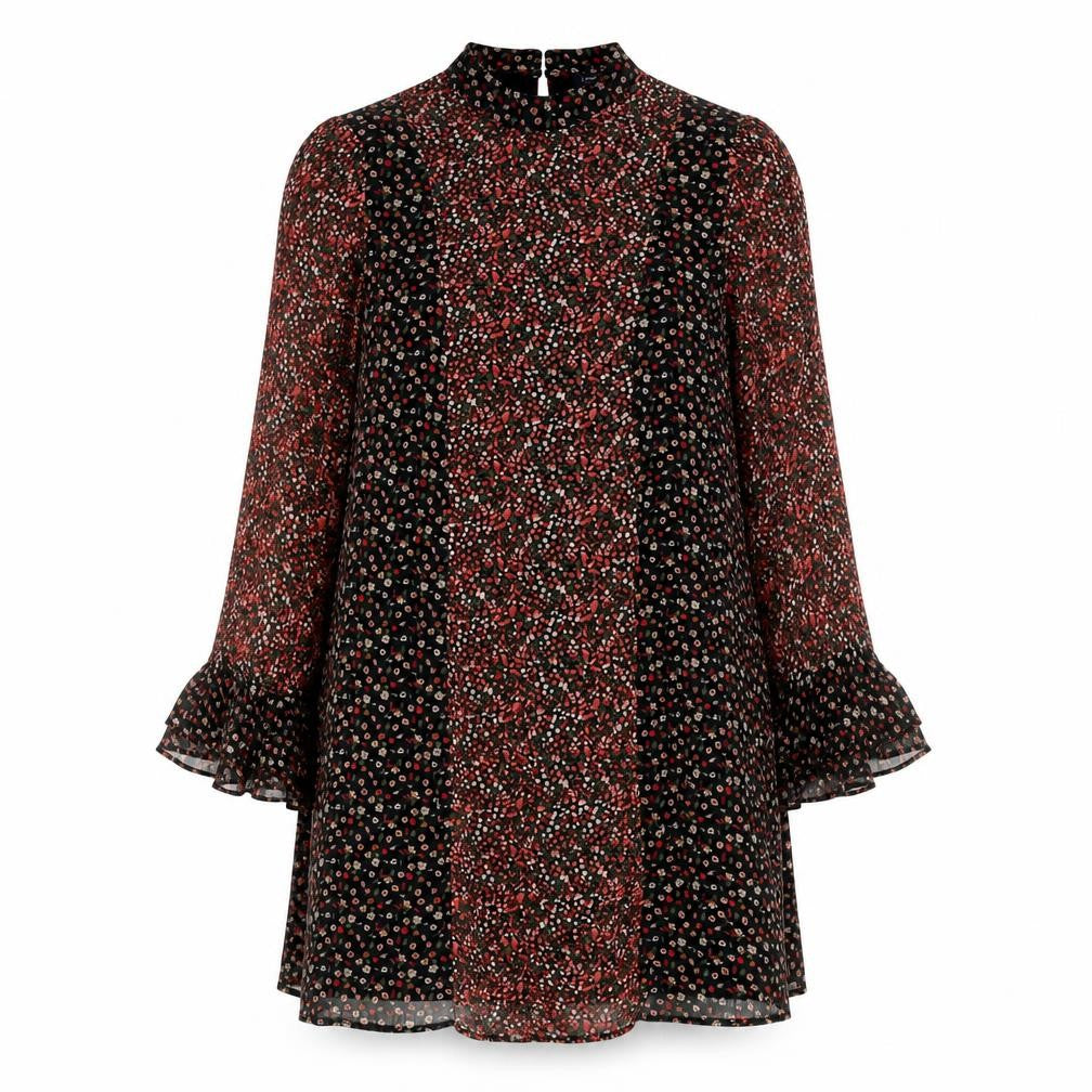 Marks and Spencer Womens Black Red Floral Shift Dress Size 14 Long Sleeve