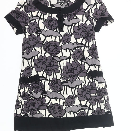 Warehouse Women’s Black Purple Floral Shift Dress UK 12 Short Sleeve Cotton