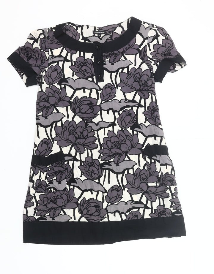Warehouse Women’s Black Purple Floral Shift Dress UK 12 Short Sleeve Cotton