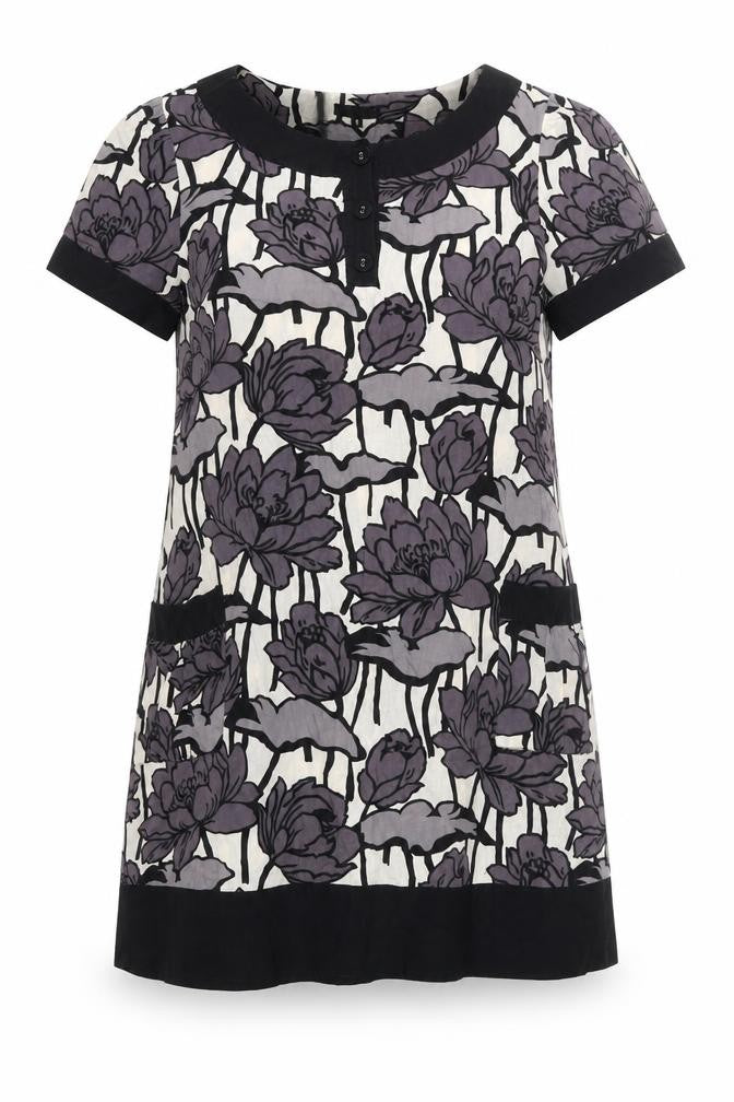 Warehouse Women’s Black Purple Floral Shift Dress UK 12 Short Sleeve Cotton