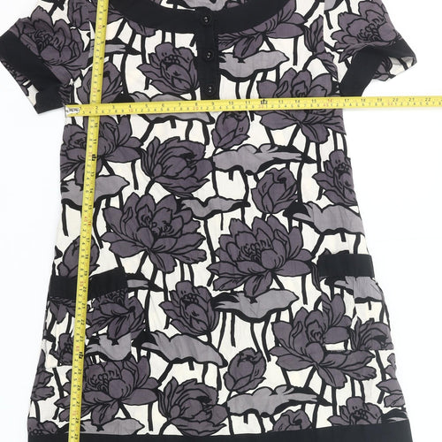 Warehouse Women’s Black Purple Floral Shift Dress UK 12 Short Sleeve Cotton
