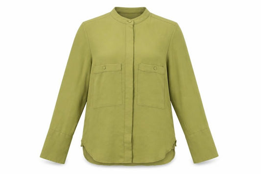 Front view of Mango women’s green xs button-up shirt long sleeve polyester