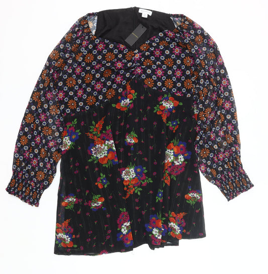 Front view of Warehouse women’s plus, size UK 24, multicoloured floral a-line long sleeve knee length dress