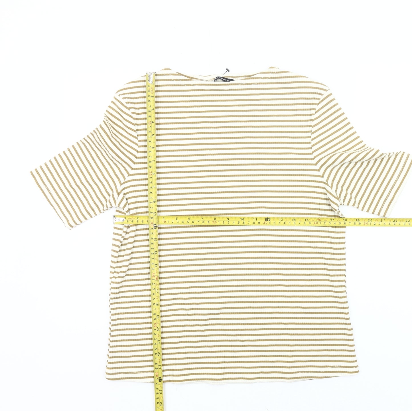 Peacocks Womens Beige Striped T-Shirt Size 14 Short Sleeve Casual
