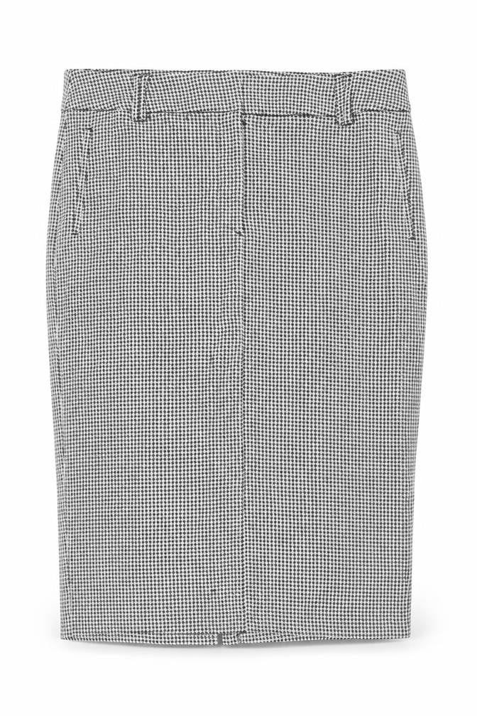 Front view of Marks & Spencer women’s black check pencil skirt, size UK 18, long