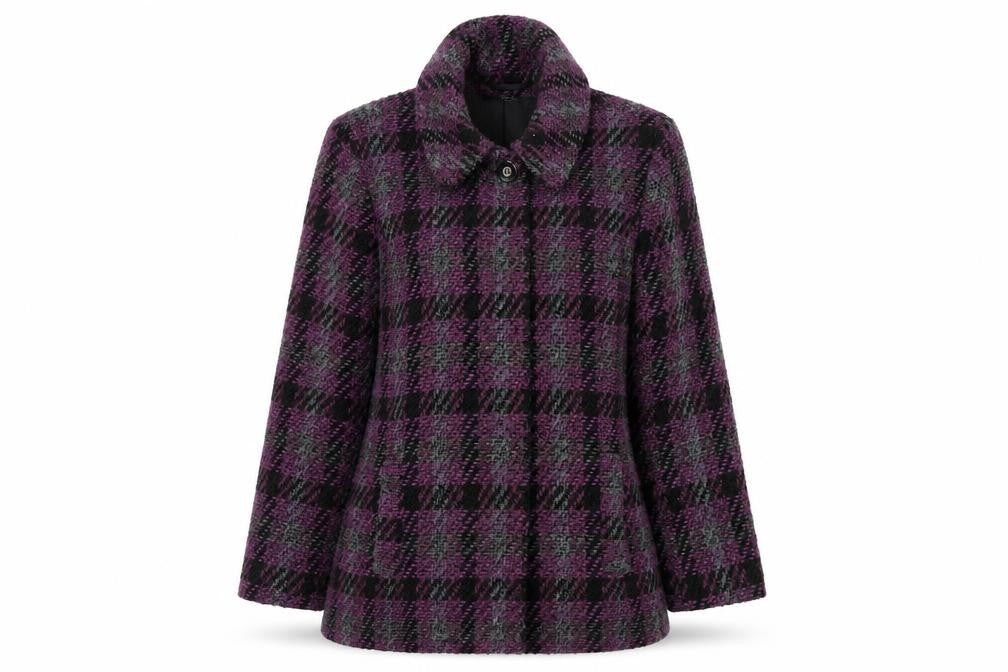 Front view of Isle Collection women’s purple check coat, size UK 14, wool blend overcoat