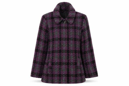 Front view of Isle Collection women’s purple check coat, size UK 14, wool blend overcoat