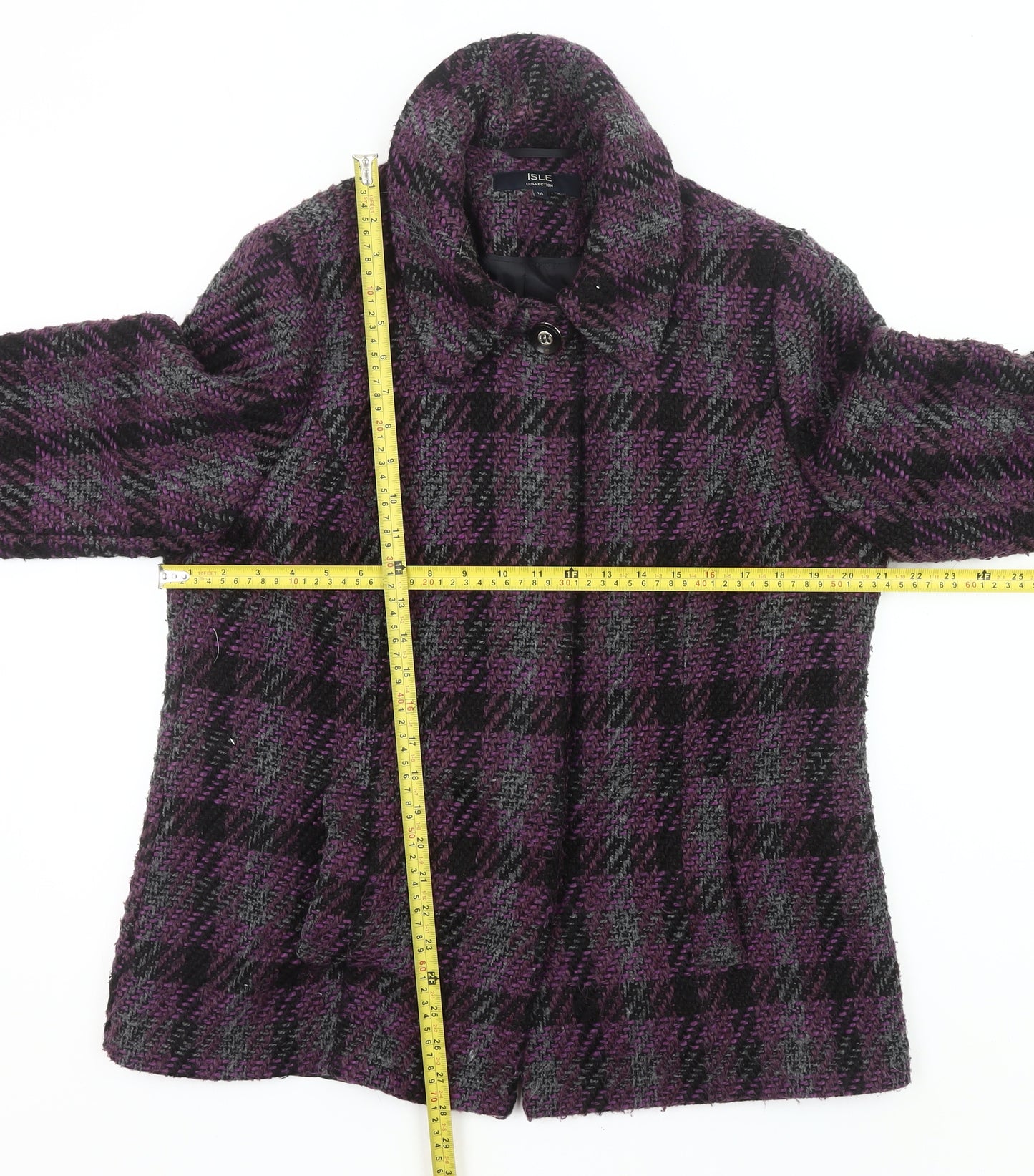 Isle Collection Womens Purple Check Coat Size 14 Wool Blend Overcoat