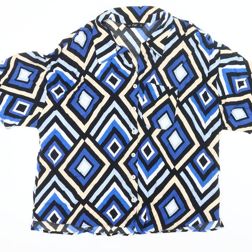 F&F Women’s Blue Geometric Button-Up Blouse Size 18 Short Sleeve